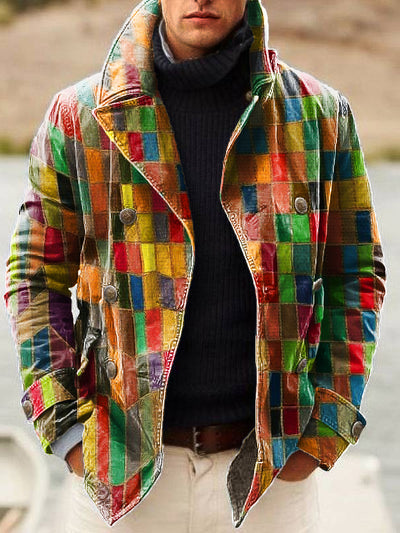 Gentleman Vintage Iridescent Geometric Art Print Lapel Double Breasted Jacket