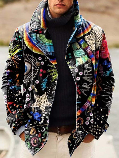 Men's abstract childlike art fashion digitally printed double-breasted jacket