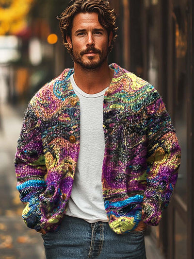 Men's fashion color smudge digital print sweater cardigan jacket