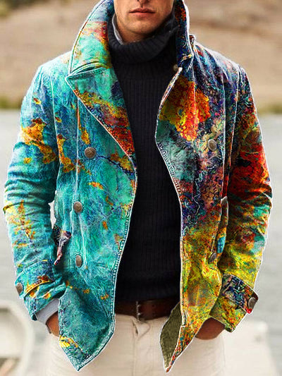 Gentleman Vintage Abstract Texture Art Print Lapel Double Breasted Jacket