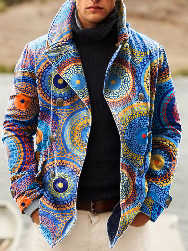 Gentleman Vintage Blue Mandala Art Print Lapel Double Breasted Jacket