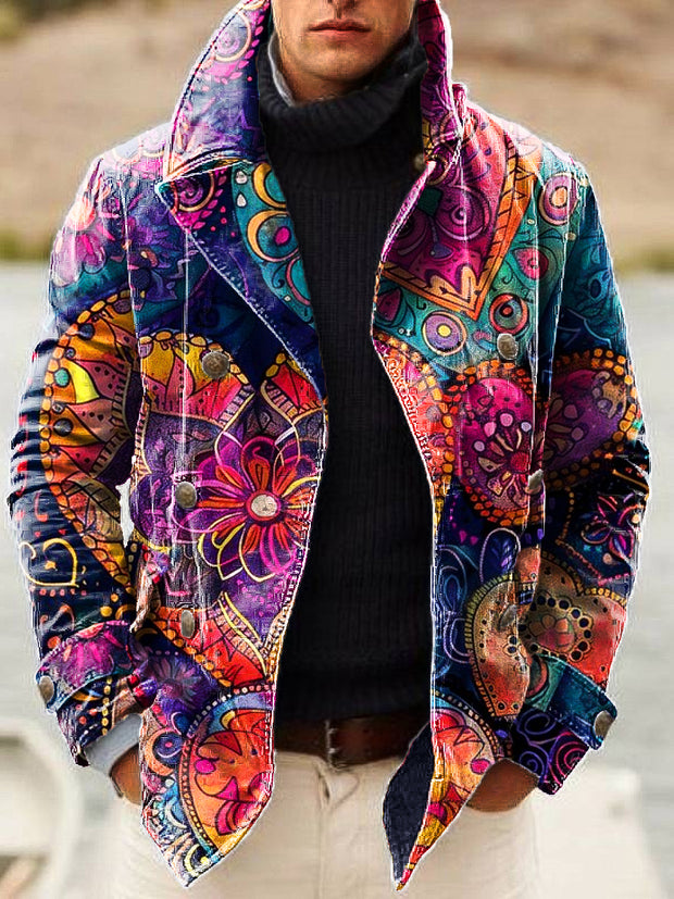 Gentleman Vintage Multicolor Mandala Art Print Lapel Double Breasted Jacket