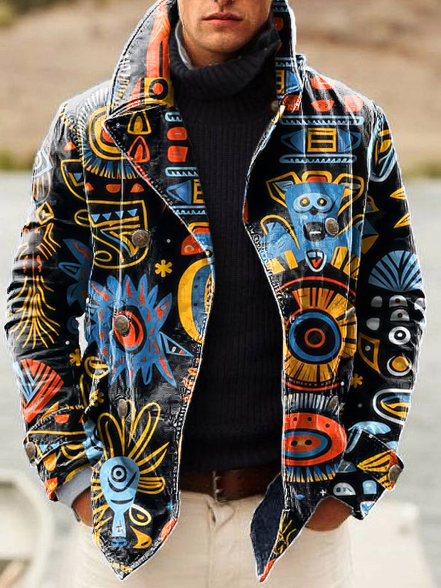 Gentleman Vintage Abstract Tribal Animal Print Lapel Double Breasted Jacket