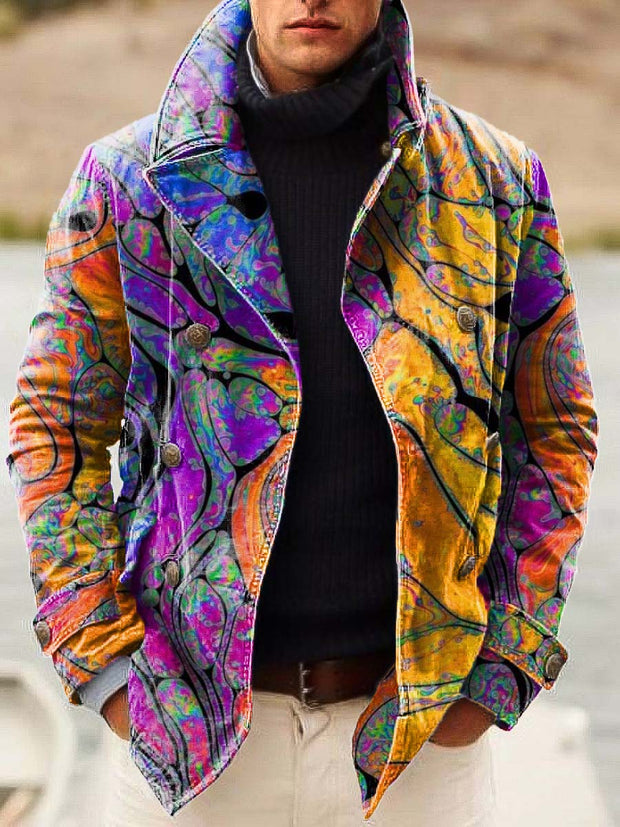 Men's abstract art fashion digital print casual double-breasted jacket