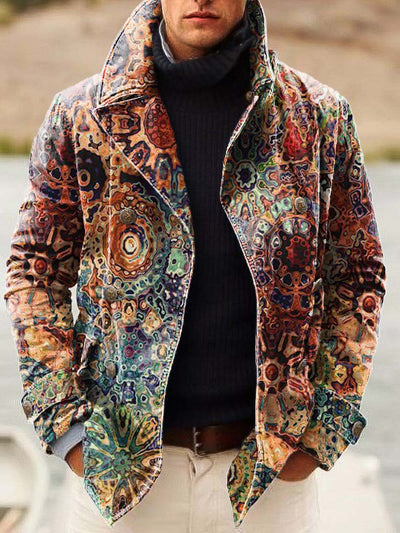 Men's Classic Vintage Art Fashion Digital Print Casual Double-Breasted Jacket