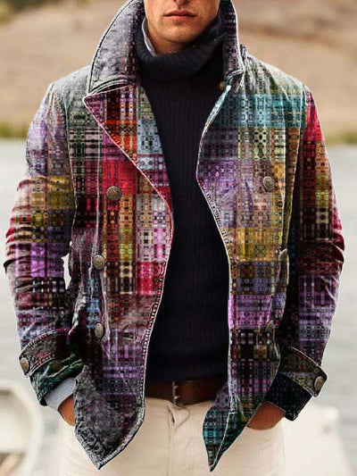 Men's Colorful Square Art Fashion Digital Print Casual Double-Breasted Jacket