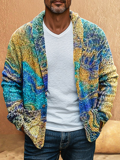 Gentleman Vintage Abstract Textured Art Print Lapel Knit Sweater Cardigan