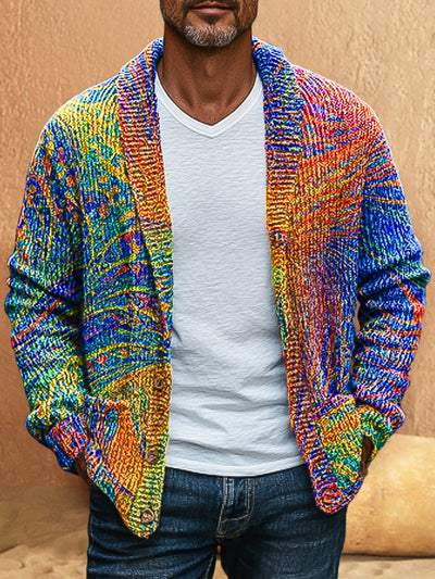 Gentleman Vintage Multicolor Abstract Textured Art Print Lapel Knit Sweater Cardigan