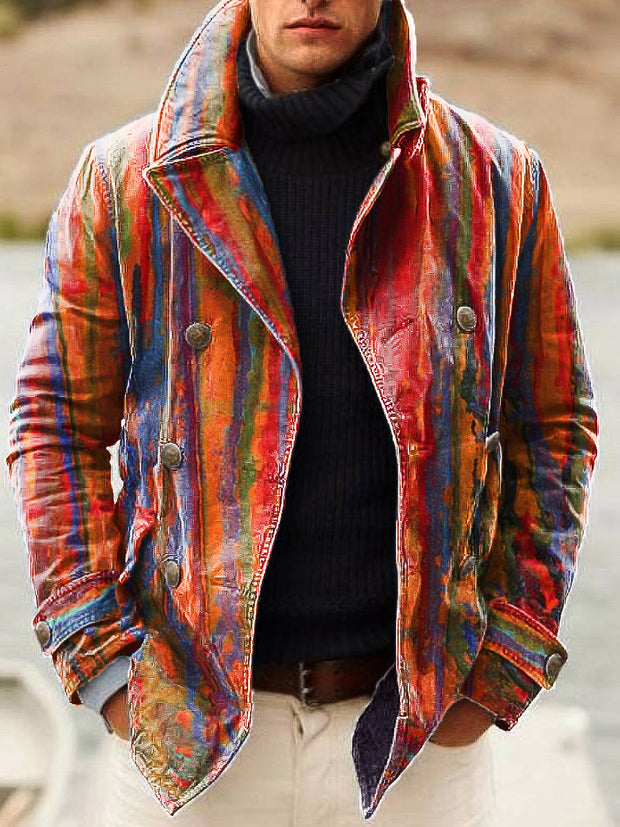 Gentleman Vintage Abstract Stripe Art Print Lapel Double Breasted Jacket