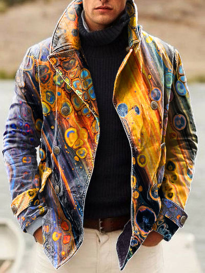 Gentleman Vintage Abstract Textured Bubble Art Print Lapel Double Breasted Jacket