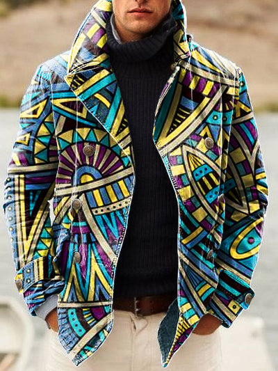 Gentleman Vintage Multicolor Geometric Art Print Lapel Double Breasted Jacket