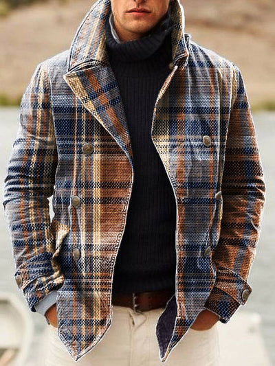 Gentleman Vintage Brown Check Art Print Lapel Double Breasted Jacket