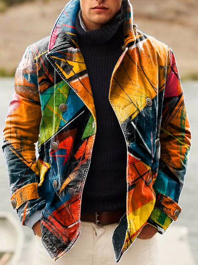 Gentleman Vintage Color Block Graffiti Art Print Lapel Double Breasted Jacket