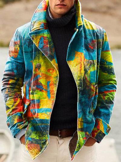 Gentleman Vintage Abstract Graffiti Art Print Lapel Double Breasted Jacket