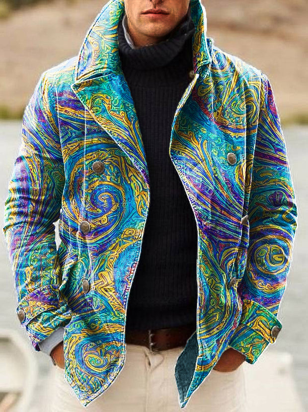 Gentleman Vintage Textured Swirl Art Print Lapel Double Breasted Jacket