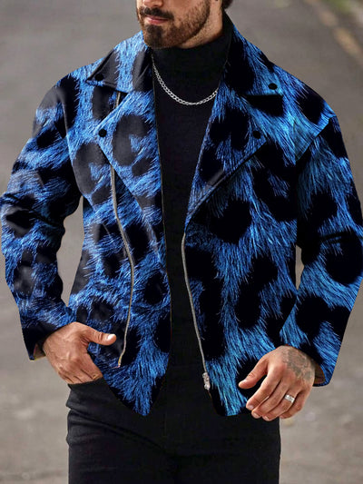 Gentleman Vintage Punk Blue Leopard Art Print Lapel Zipper Jacket