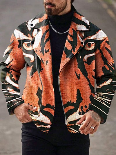 Gentleman Vintage Punk Tiger Art Print Lapel Zipper Jacket