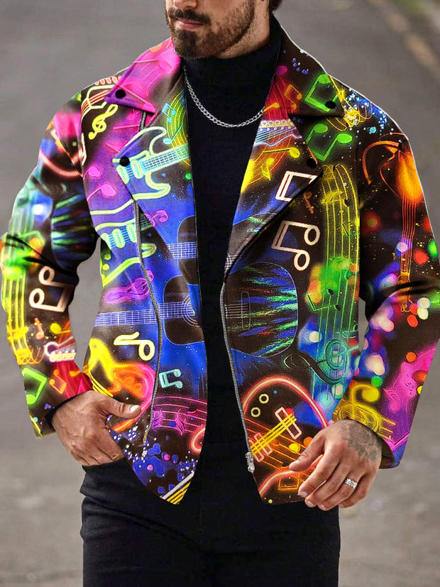 Gentleman Vintage Punk Neon Music Art Print Lapel Zipper Jacket