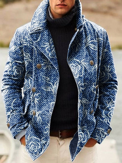 Gentleman Vintage Denim Color Floral Art Print Lapel Double Breasted Jacket