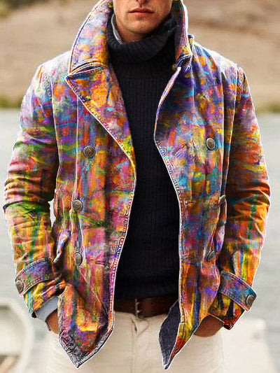 Gentleman Vintage Abstract Colorful Oil Painting Art Print Lapel Double Breasted Jacket