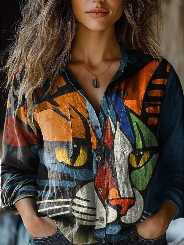 Women's Abstract Color Block Cat Casual Art Print Long Sleeve Lapel Shirt