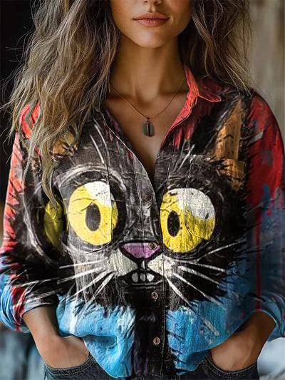 Women's Fun Cat Painted Casual Art Printed Long Sleeve Lapel Shirt