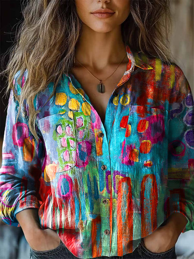 Women's Abstract Colorful Geometric Casual Art Print Long Sleeve Lapel Shirt