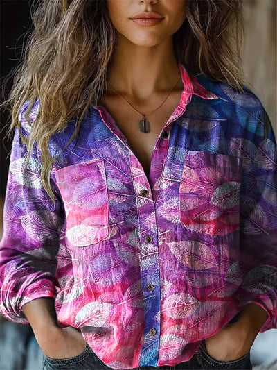 Women's Abstract Gradient Leaf Casual Art Print Long Sleeve Lapel Shirt