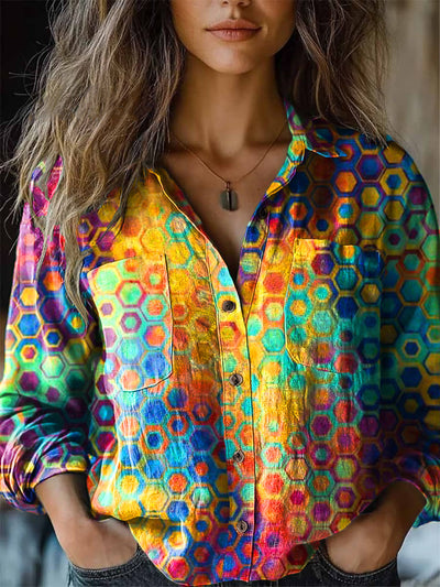 Women's Abstract Rainbow Color Gradient Casual Art Print Long Sleeve Lapel Shirt