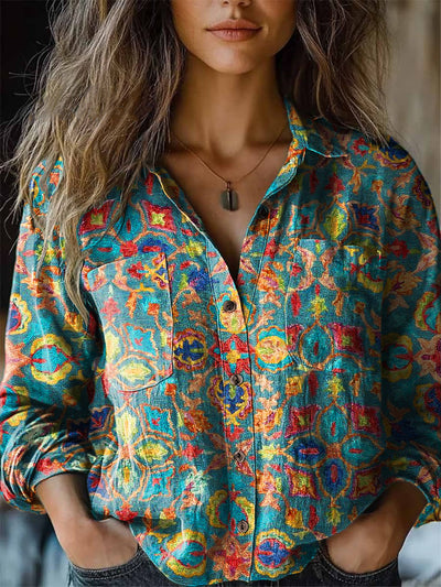 Women's Retro Romantic Colorful Floral Casual Art Printed Long Sleeve Lapel Shirt