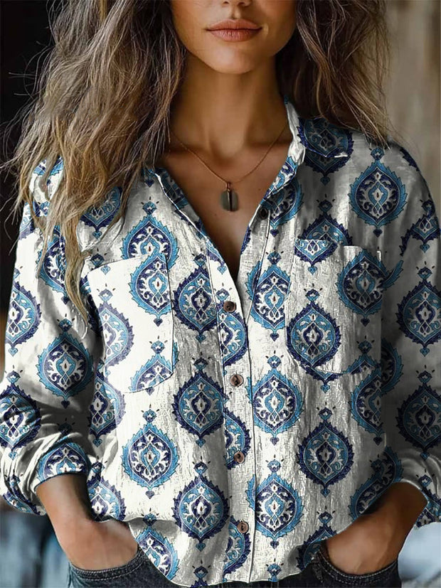 Women's Vintage Ethnic Floral Casual Art Printed Long Sleeve Lapel Shirt