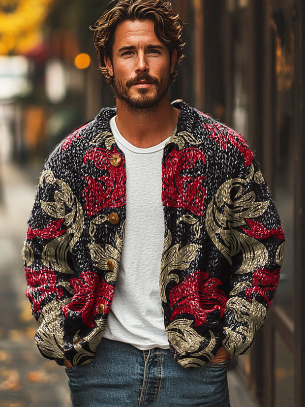 Gentleman Vintage Red Floral Casual Art Print Sweater Cardigan