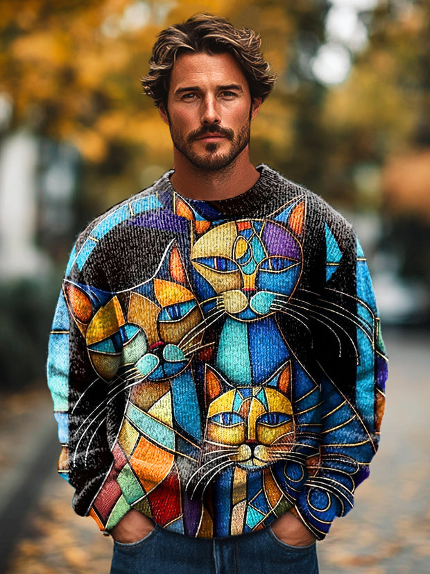 Gentleman's Vintage Colorblock Cat Art Print Knit Crew Neck Pullover Hoodie