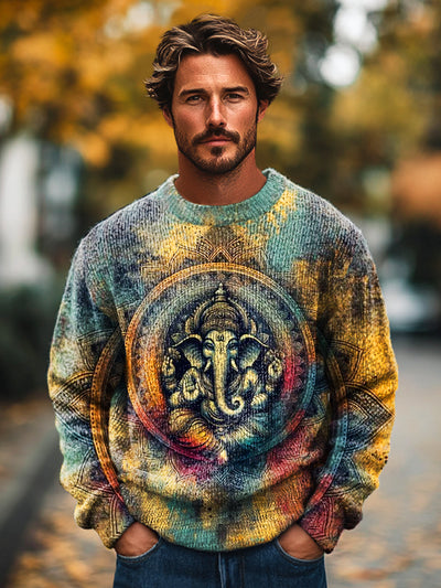 Gentleman Vintage Mystery Ganesha Swoosh Print Knit Crew Neck Pullover Sweater