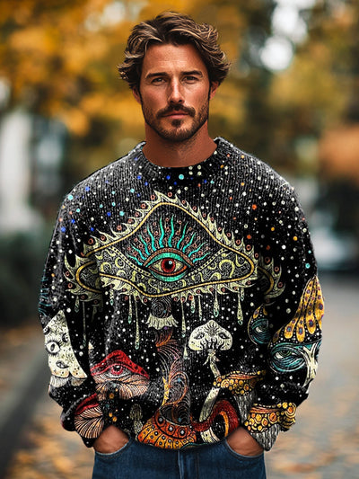 Gentleman's Casual Psychedelic Eyes Mushroom Print Knit Crew Neck Pullover Sweatshirt