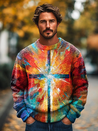 Gentleman's Vintage Colorful Cross Art Print Knit Crew Neck Pullover