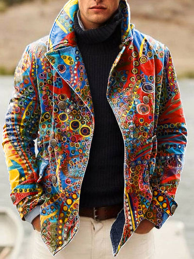 Gentleman Vintage Colorful Abstract Art Print Lapel Double Breasted Jacket