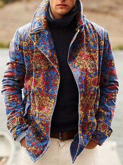 Gentleman Vintage Ethnic Art Print Lapel Double Breasted Jacket