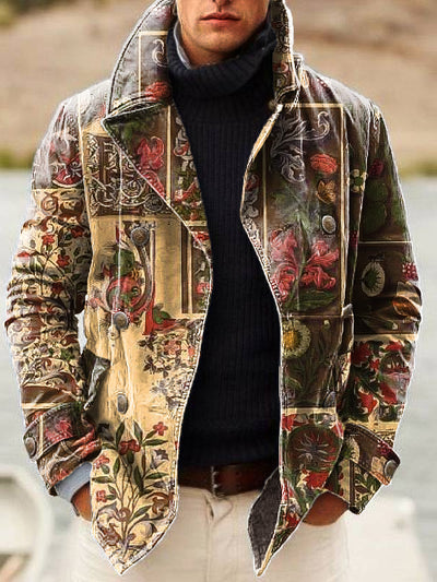 Gentleman Vintage Ethnic Style Patchwork Art Print Lapel Double Breasted Jacket