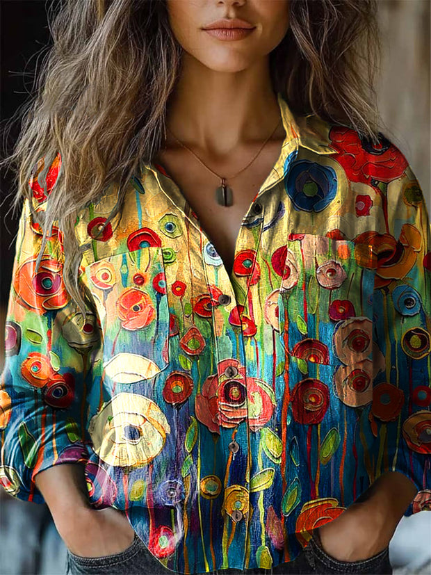 Ladies Vintage Cute Floral Oil Painting Art Print Long Sleeve Lapel Shirt