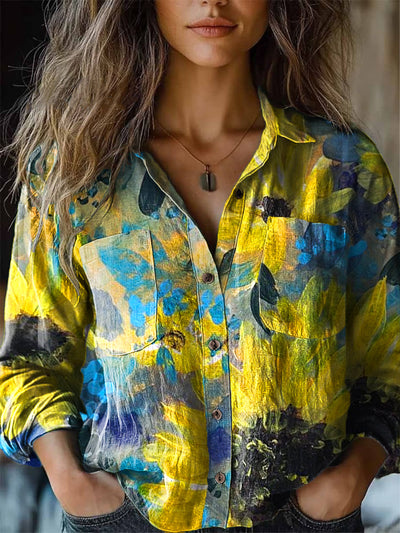 Women's Vintage Abstract Sunflower Oil Painting Art Print Long Sleeve Lapel Shirt