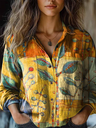 Women's Vintage Geometric Leaf Art Print Long Sleeve Lapel Shirt