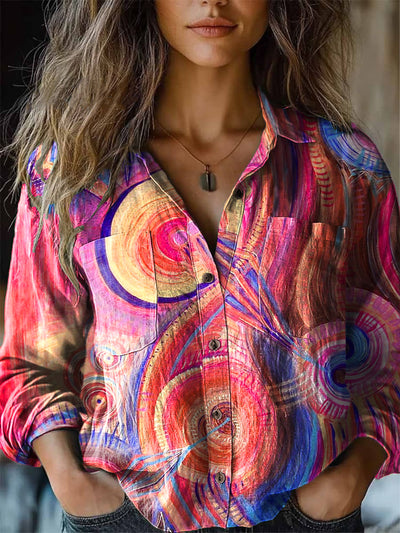 Women's Vintage Multicolor Irregular Art Print Long Sleeve Lapel Shirt