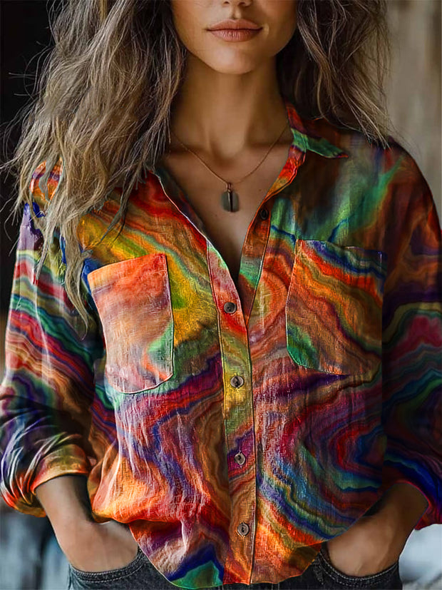 Women's Vintage Gradient Color Ripple Art Print Long Sleeve Lapel Shirt