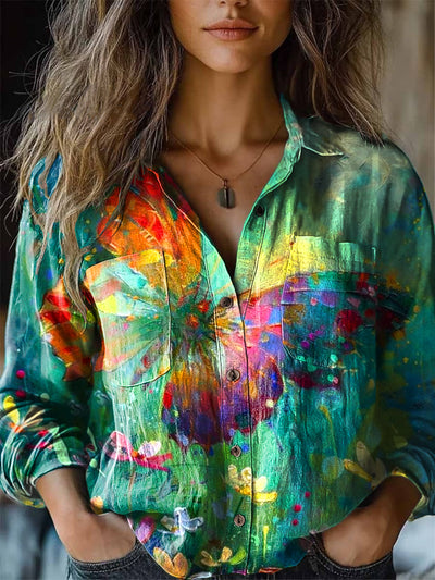 Women's Vintage Butterfly Floral Oil Painting Art Print Long Sleeve Lapel Shirt