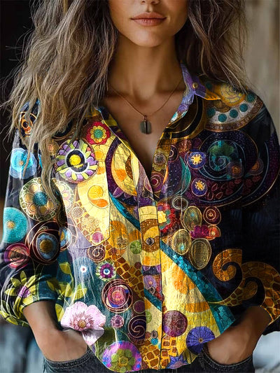 Women's Vintage Colorful Irregular Art Print Long Sleeve Lapel Shirt