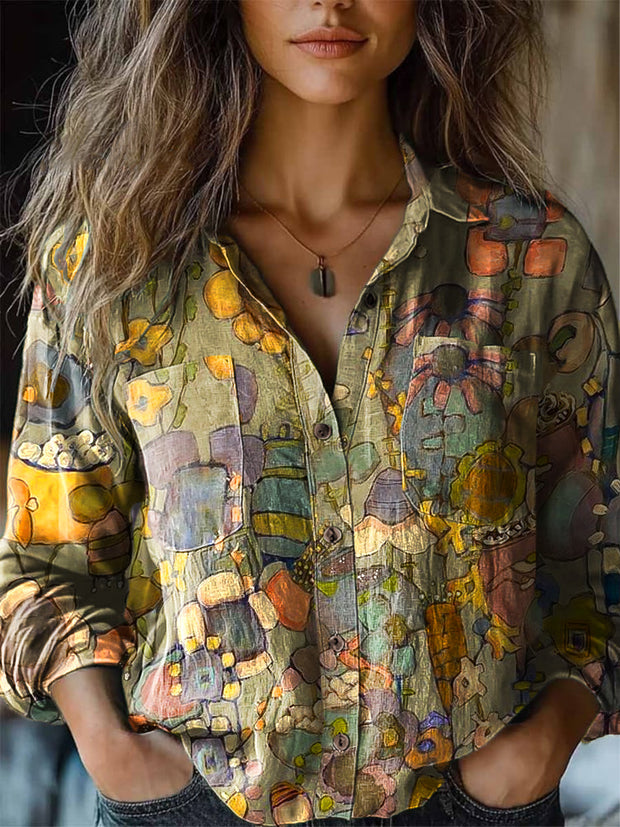 Women's Vintage Cute Painted Art Print Long Sleeve Lapel Shirt