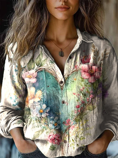 Women's Vintage Heart Floral Art Print Long Sleeve Lapel Shirt