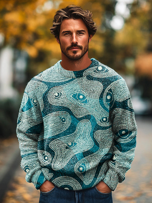 Gentleman Vintage Abstract Line Art Print Knit Crew Neck Pullover Sweater