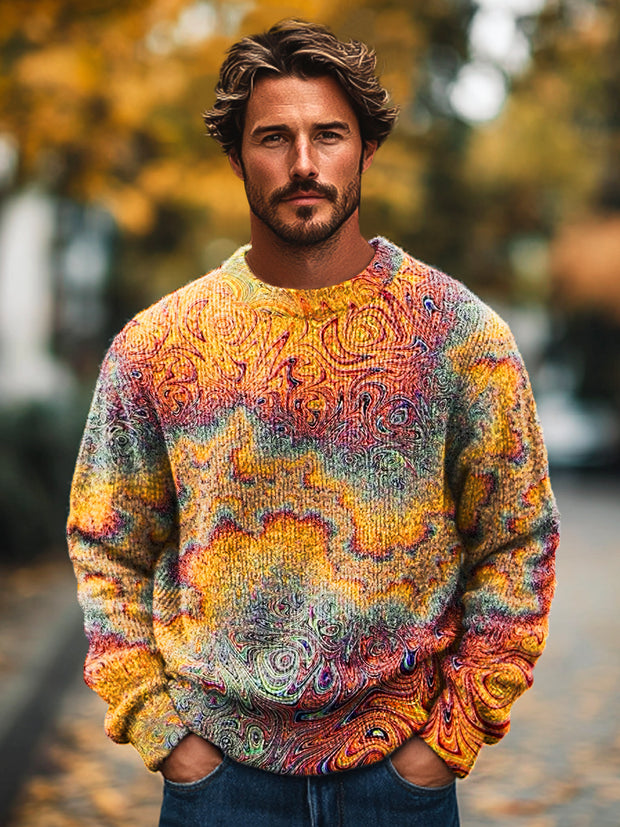 Gentleman Vintage Abstract Textured Art Print Knit Crew Neck Pullover Shirt